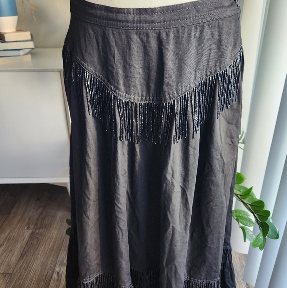 Vtg Gene Ewing Bis Black Fringe Beaded Tiered Prairie Western Cottage Maxi Skirt - Picture 3 of 9